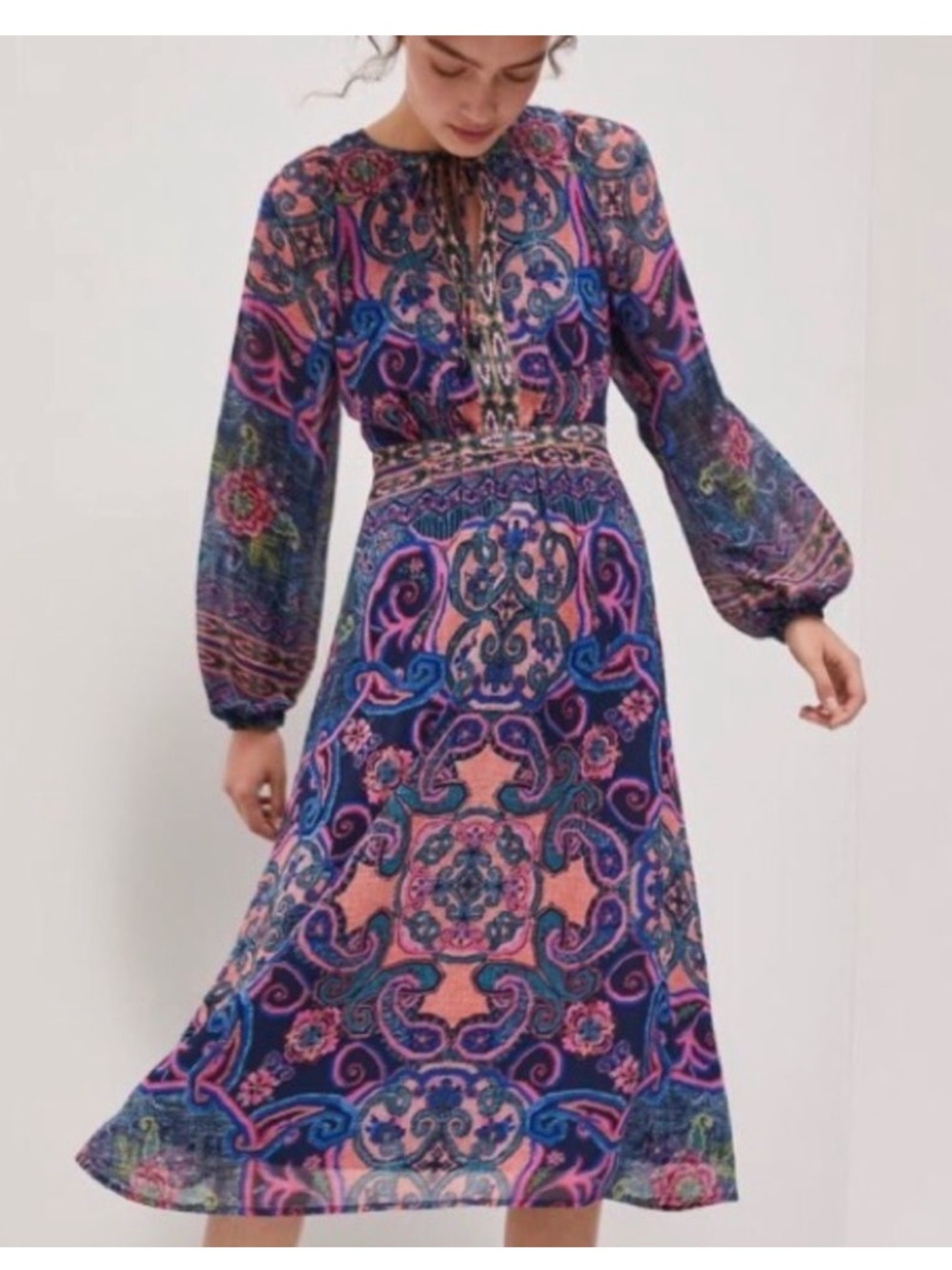 Anthropologie Sydney Printed Midi Maxi Dress Long Sleeve Boho Paisley Size 6 EUC